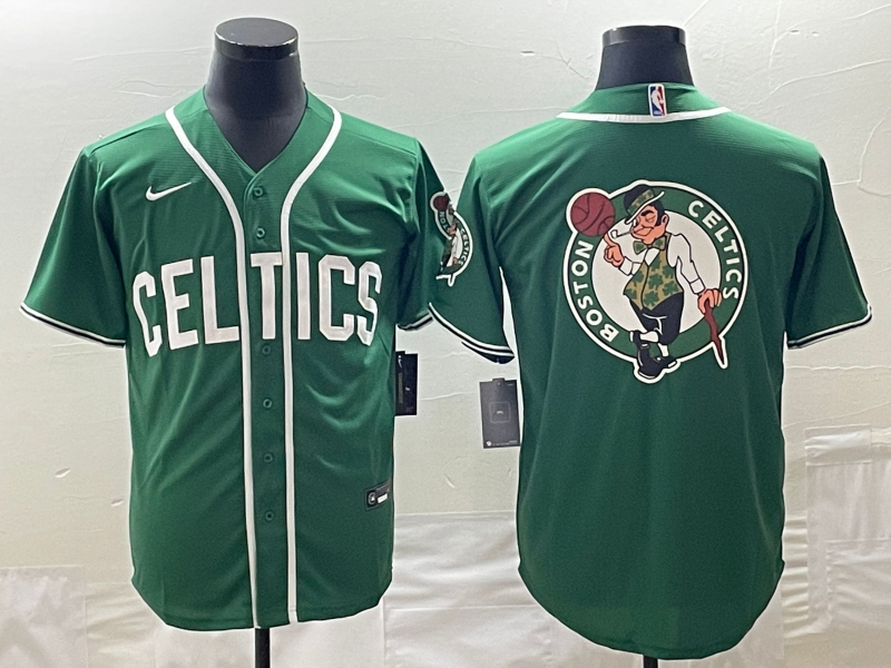 Men's Boston Celtics Green Team Big Logo With Patch Stitched Baseball Jersey Men's Boston Celtics Green Team Big Logo With Patch Stitched Baseball Jersey